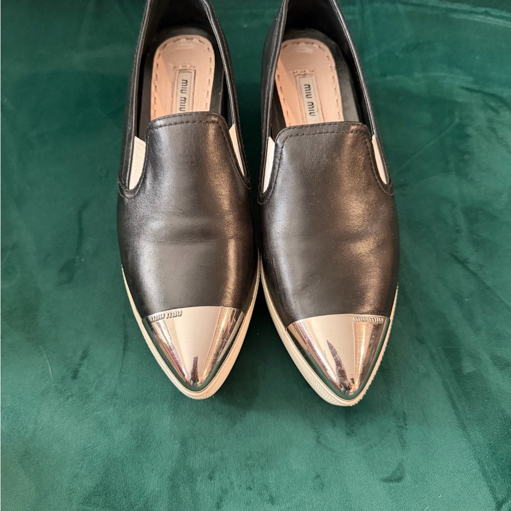 Miu Miu Black Leather Platform sneakere with metal cap toe